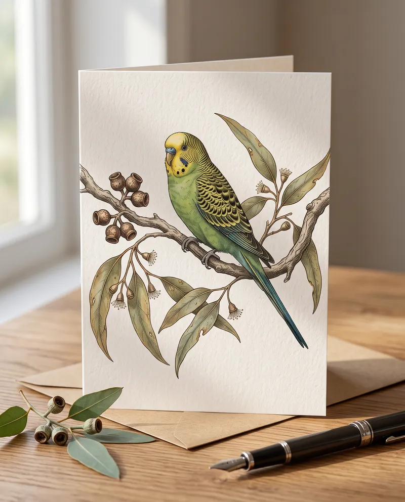 Botanical Budgie portrait on a greeting card
