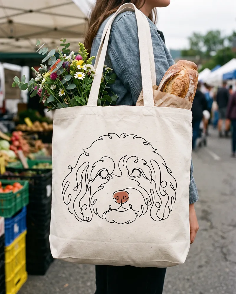 Line Art Cavoodle portrait on a tote bag