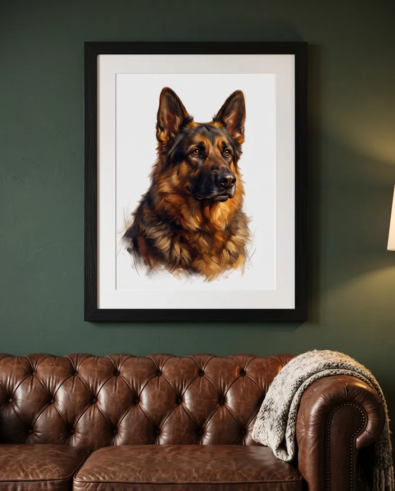 Oil Painting German Shepherd portrait on a framed print