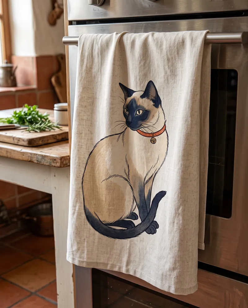 Ukiyo-e Woodblock Siamese cat portrait on a tea towel